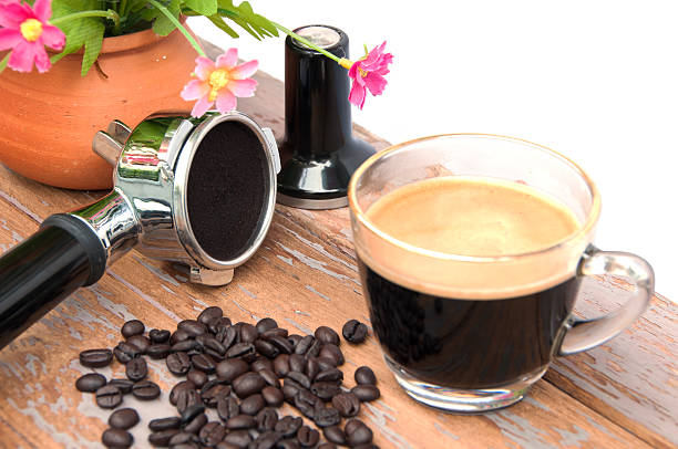 Hot coffee and coffee making equipment with flower clay pot.