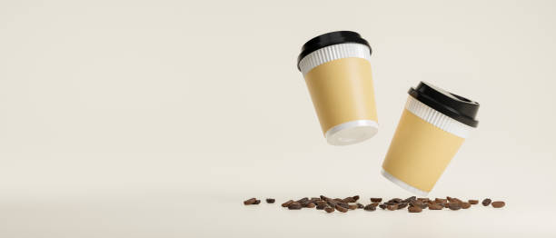 Hot coffee cups, paper coffee cups mockup with mock-up space. stock photo