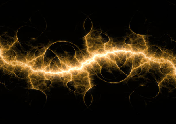 Hot golden yellow lightning, abstract electrical background stock photo