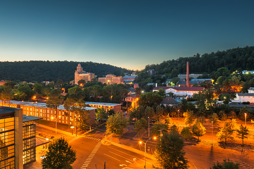 Hot Springs, Arkansas, USA town skyline from above at dawn.