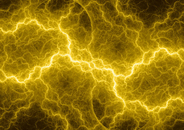 Hot yellow lightning, abstract electrical plasma background stock photo