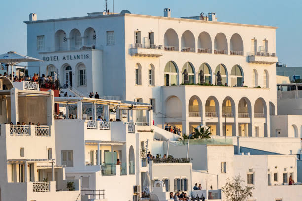 Hotel Atlantis in Firá on Santorini in South Aegean Islands, Greece stock photo