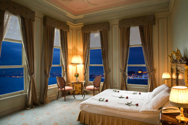 Hotel room with panoramic view of the Bosphorus, Istanbul stock photo