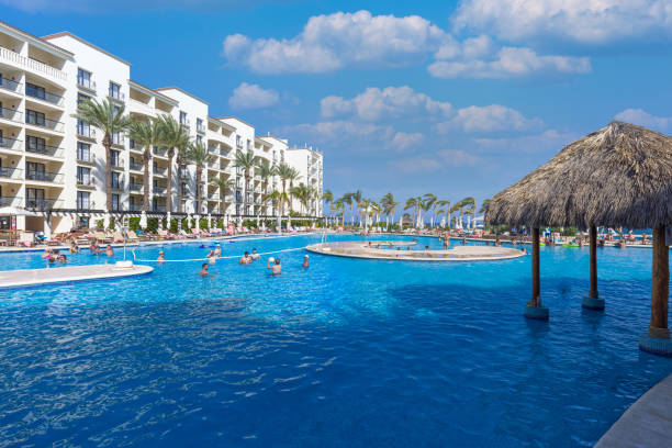 Hotels located along the scenic beaches, playas of San Jose del Cabo in Hotel Zone, Zona Hotelera stock photo