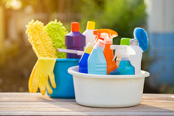 House cleaning product on the table, outdoor stock photo