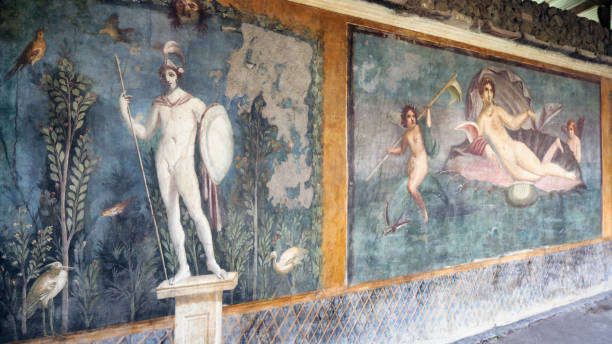 House of Venus in the Shell Pompei, Italy - March 20, 2017: Fresco of Marte beside to the Venus. Both are dininity protectors of Pompei. botticelli stock pictures, royalty-free photos & images