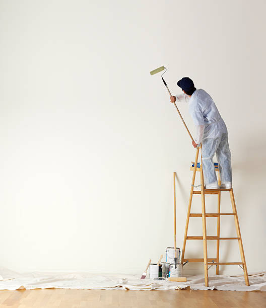 House painter standing on ladder painting a large wall A man dressed in coveralls and standing on a ladder uses a paint roller on a long stick  to paint a large wall.  Several paint cans sit on the painter's cloth draped over a hardwood surface. A large expanse of empty wall is available for copy. painting activity stock pictures, royalty-free photos & images
