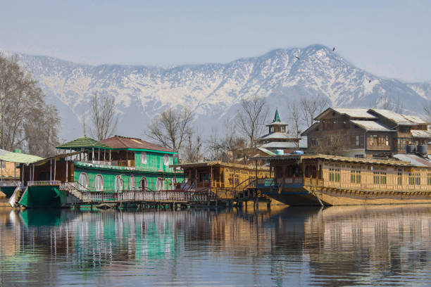 Houseboats in Dal Lake in Srinagar in India administered Kashmir Houseboats on Dal Lake in Srinagar, summer capital of Jammu and Kashmir with Himalayan Mountains in background srinagar stock pictures, royalty-free photos & images