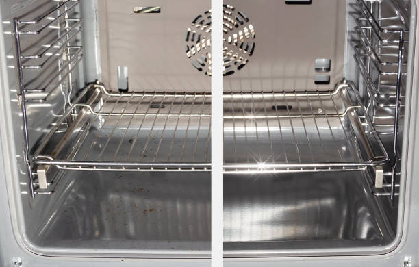 Household homework. Cleaning dirty oven. Before and after stock photo