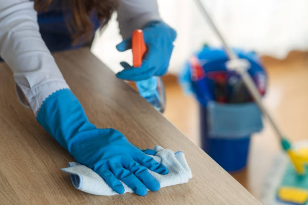 ハウスメイドはテーブルをきれいにします。洗剤を背景にしたモップと青いバケツ - 片付け ストックフォトと画像