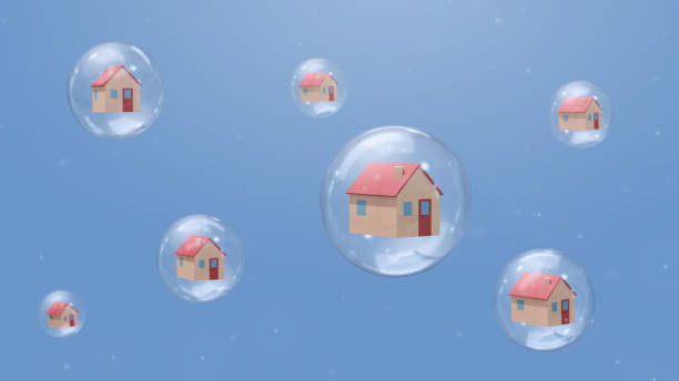 Houses in bubbles. Quarantine concept. Abstract illustration, 3d rendering. stock photo