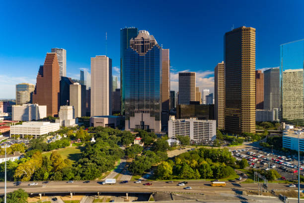 Houston Downtown Skyscrapers Aerial View And Park stock photo