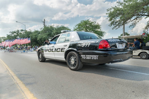 Houston police interceptor car american flags stock photo