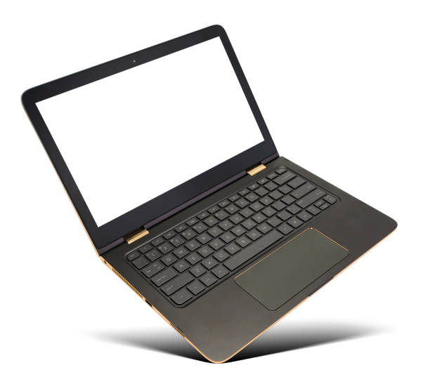 Hovering gold laptop with black screen Hovering gold laptop with black screen and popular design, isolated on a white background. hovering stock pictures, royalty-free photos & images