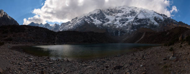 Huamantay Lake with snowcapped Huamantay Mountain in the background stock photo