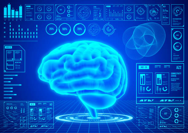 Hud UI brain function analysis interface. Futuristic Diagnostic Scanner app screen stock photo