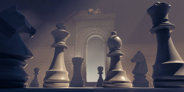 Huge Chess Pieces Within An Ornate Old Building stock photo