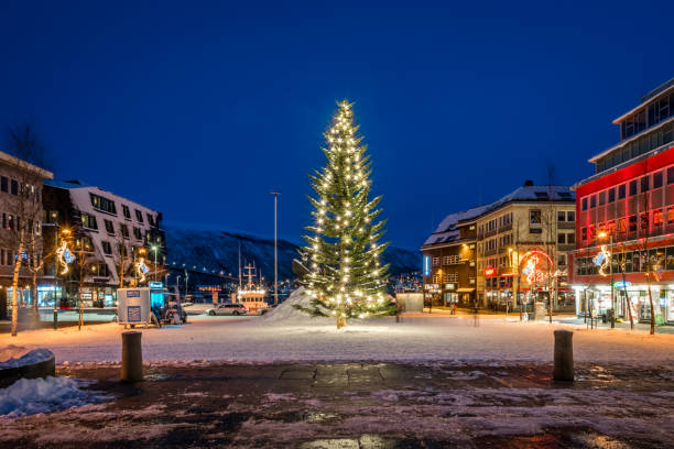 Huge Christmas tree in Tromso town stock photo