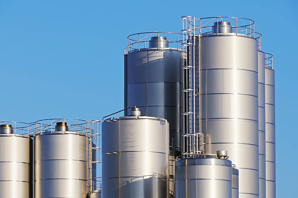 Huge fire proof stainless steel storage tanks stock photo