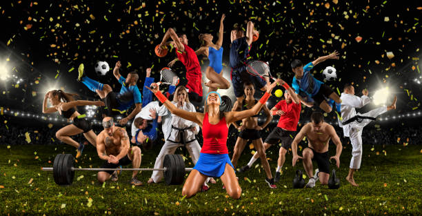 Huge multi sports collage taekwondo, tennis, soccer, basketball, etc stock photo
