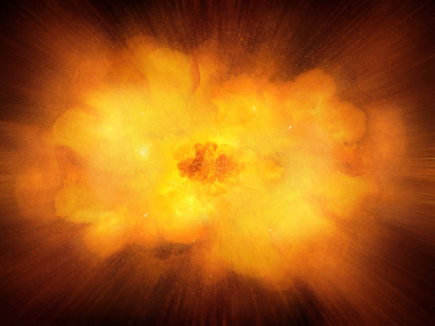 Huge realistic hot dynamic explosion, orange color with sparks and hot smoke stock photo
