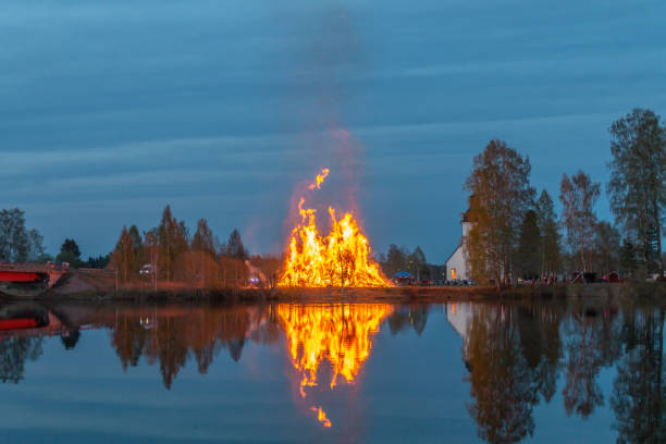 Huge Swedish bonfire celebrating Walpurgis stock photo