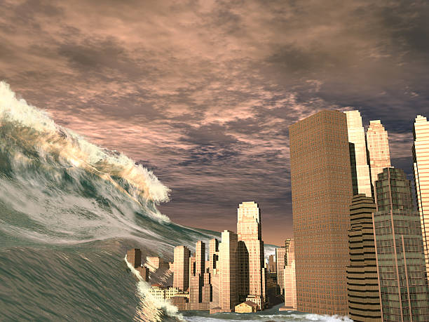 Huge tsunami sweeping city stock photo