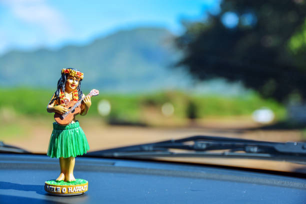 Hula girl and her ukulele go for a ride in the countryside on Kauai, Hawaii. stock photo