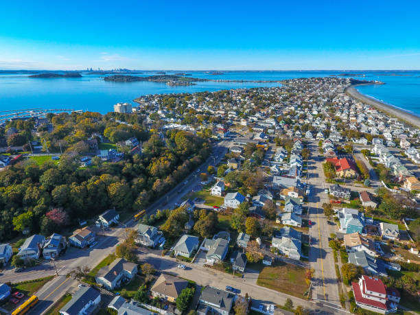 Hull MA with boston in distance Drone / aerial view above Hull / Nantasket Beach massachusetts hull stock pictures, royalty-free photos & images