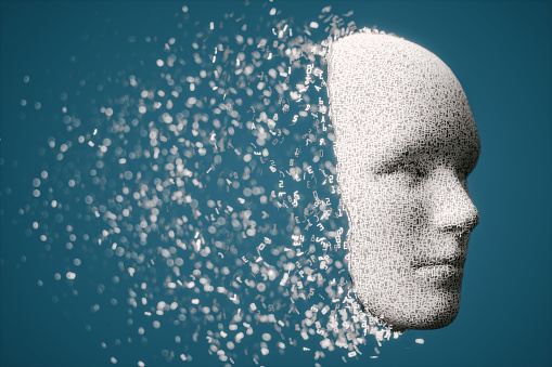 Abstract 3d human face with disintegrating hexadecimal particles.