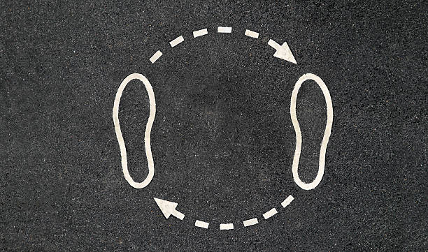 Human footprints, road, walking in circles, white arrows, choice. stock photo