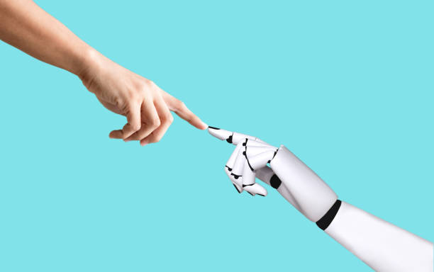 Human hand and robot hand system concept integration and coordination of artificial intelligence technology stock photo
