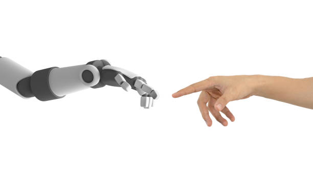 рука человека и рука робота, указывающие друг на друга изолированные на белом фоне, искусственный интеллект в футуристической концепции те - robot hand white background стоковые фото и изображения