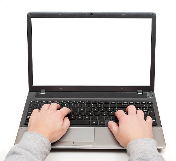 Human hands laptop computer with blank screen isolated stock photo