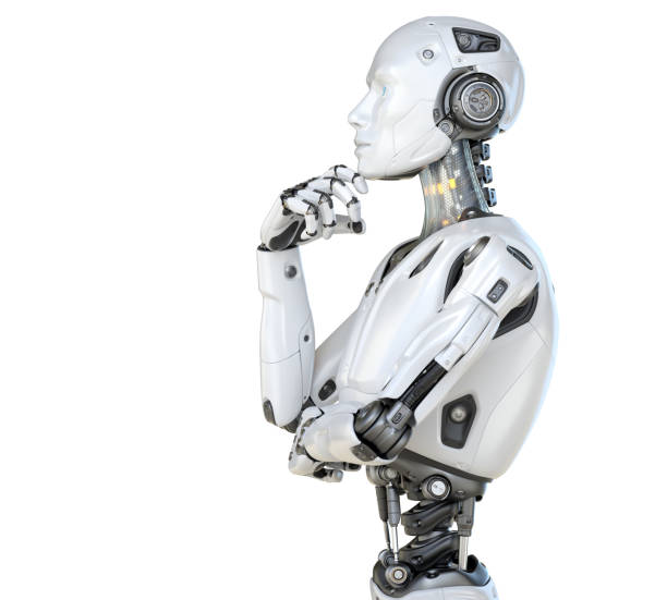 Human like a robot in a pensive posture stock photo