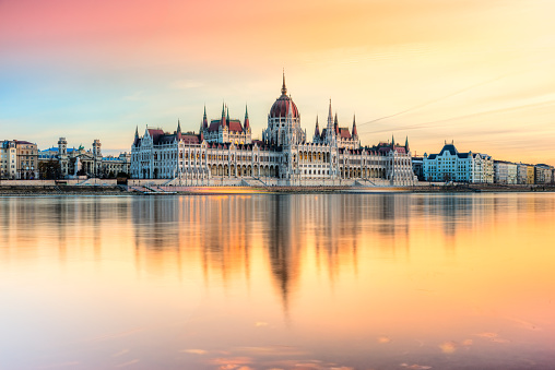 Hungarian Parliament at sunset, Budapest, Hungary.