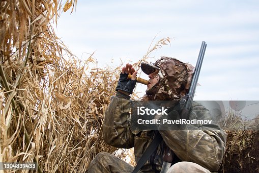 istock hunter sits in the shelter and lures the ducks 1304839433