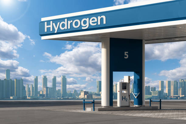 近代都市の背景にある水素充填ステーション - 脱炭素 ストックフォトと画像