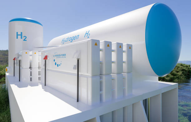 Hydrogen H2 renewable energy production - hydrogen gas for clean electricity solar and windturbine facility stock photo