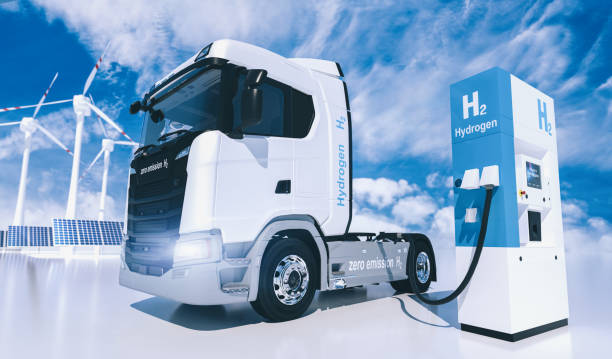hydrogen logo on gas stations fuel dispenser. h2-verbrennung lkw-motor für emissionsfreien umweltfreundlichen transport - hydrogen transport stock-fotos und bilder