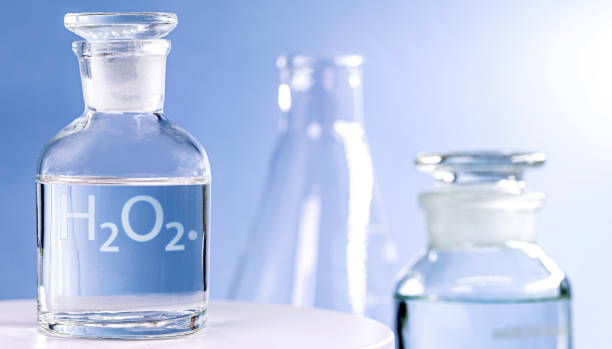 Hydrogen peroxide Reagent bottle with glass stopper, medicine of chemical symbol H2 O2, pharmaceutical industry stock photo