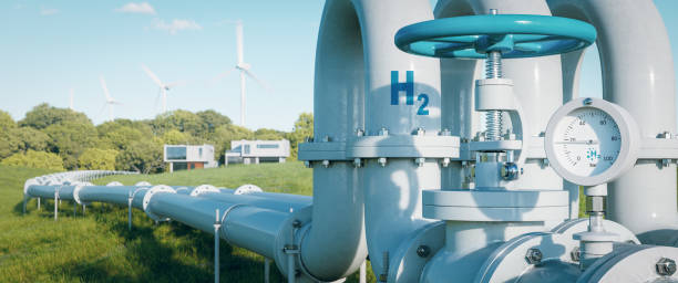 A hydrogen pipeline to houses illustrating the transformation of the energy sector towards clean, carbon-neutral, safe and independent energy sources to replace natural gas in homes. stock photo