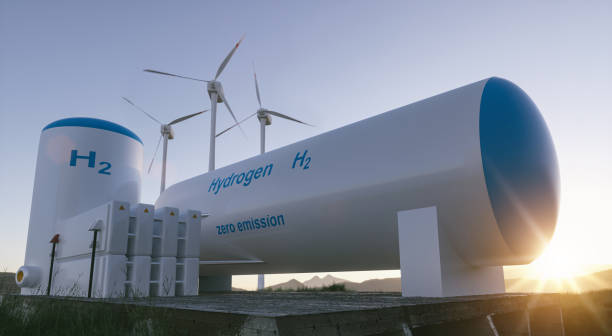 Hydrogen renewable energy production - hydrogen gas for clean electricity solar and windturbine facility. stock photo