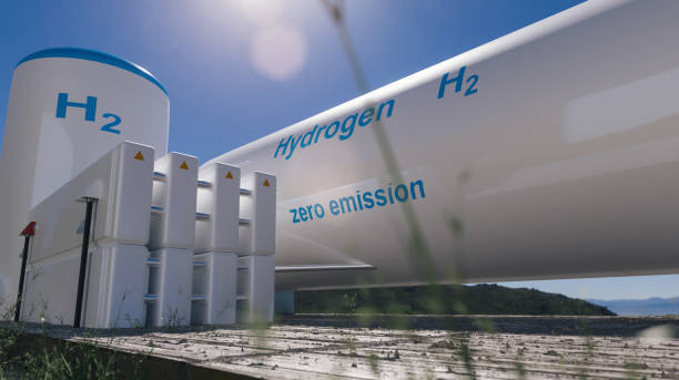 Hydrogen renewable energy production - hydrogen gas for clean electricity solar and windturbine facility Hydrogen renewable energy production - hydrogen gas for clean electricity solar and windturbine facility. 3d rendering. energy storage stock pictures, royalty-free photos & images