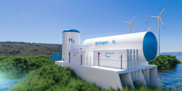 Hydrogen renewable offshore energy production - hydrogen gas for clean electricity Hydrogen renewable energy production - hydrogen gas for clean electricity solar and windturbine facility. 3d rendering. energy storage stock pictures, royalty-free photos & images