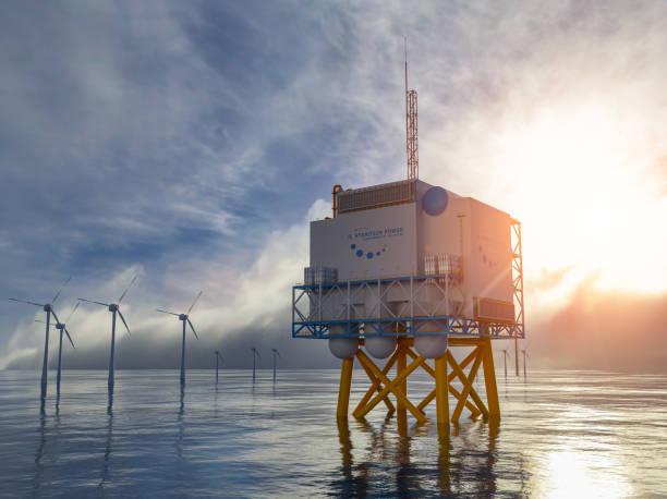 Hydrogen renewable offshore energy production - hydrogen h2 gas for clean electricity solar and windturbine facility Hydrogen renewable offshore energy production - hydrogen gas for clean electricity solar and windturbine facility. 3d rendering. energy storage stock pictures, royalty-free photos & images