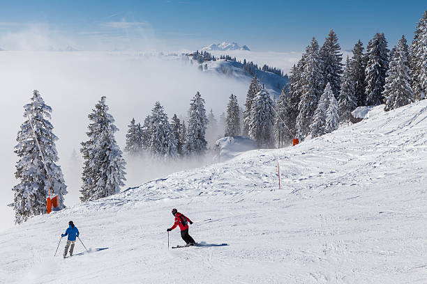 Ibergeregg in canton of  Schwyz, Switzerland Ibergeregg, Switzerland - February 7, 2015: View from the hilltop of Mountain Ibergeregg and people riding ski on February 7, 2015. Ibergeregg is a high mountain pass and ski resort in the swiss alps. t bar ski lift stock pictures, royalty-free photos & images
