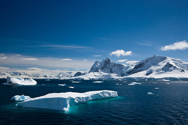 ice and snowy mountains with water in the paradise harbour - antarctica stockfoto's en -beelden