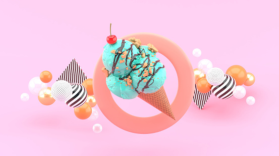 Ice cream cone in a circle surrounded by colorful balls on a pink background.-3d rendering.\