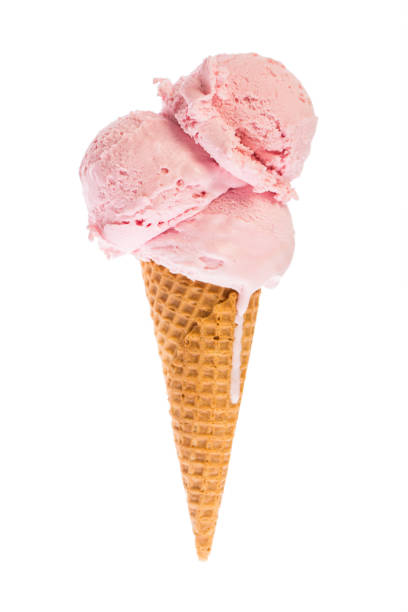 ice cream: ice cream cone with three scoops of strawberry ice cream isolated on white background - strawberry ice cream imagens e fotografias de stock